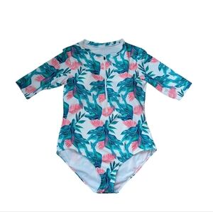 Tropical Palm Leaf Zip Front One pIece Surf Suit with Padding